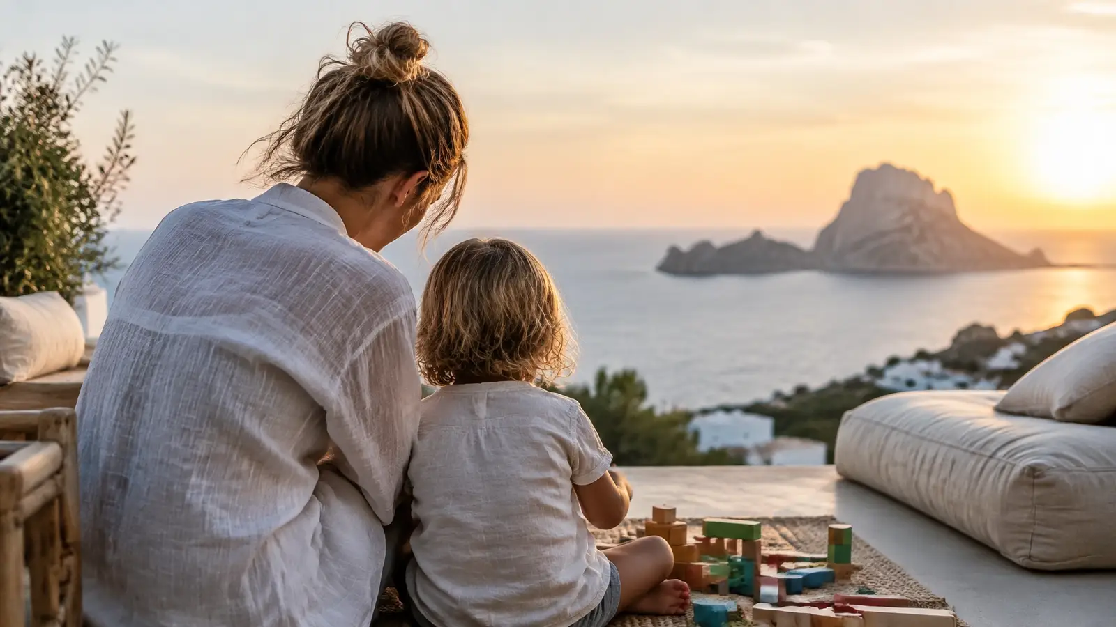 Parent and child enjoying a bright seaside day in Ibiza